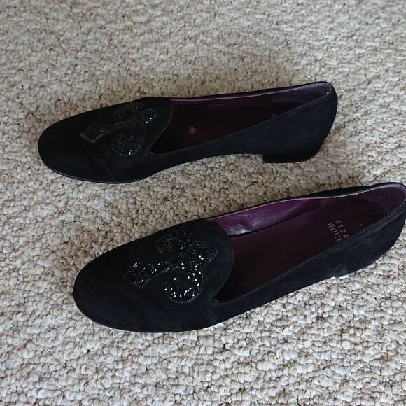 Stuart Weitzman sparkling Fleur De Lis Black Loafers size 8.5 Narrow - Picture 2 of 12